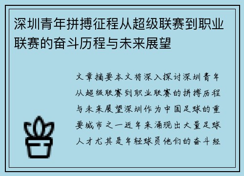 深圳青年拼搏征程从超级联赛到职业联赛的奋斗历程与未来展望