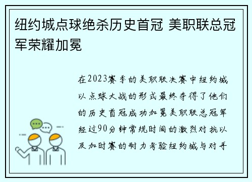 纽约城点球绝杀历史首冠 美职联总冠军荣耀加冕